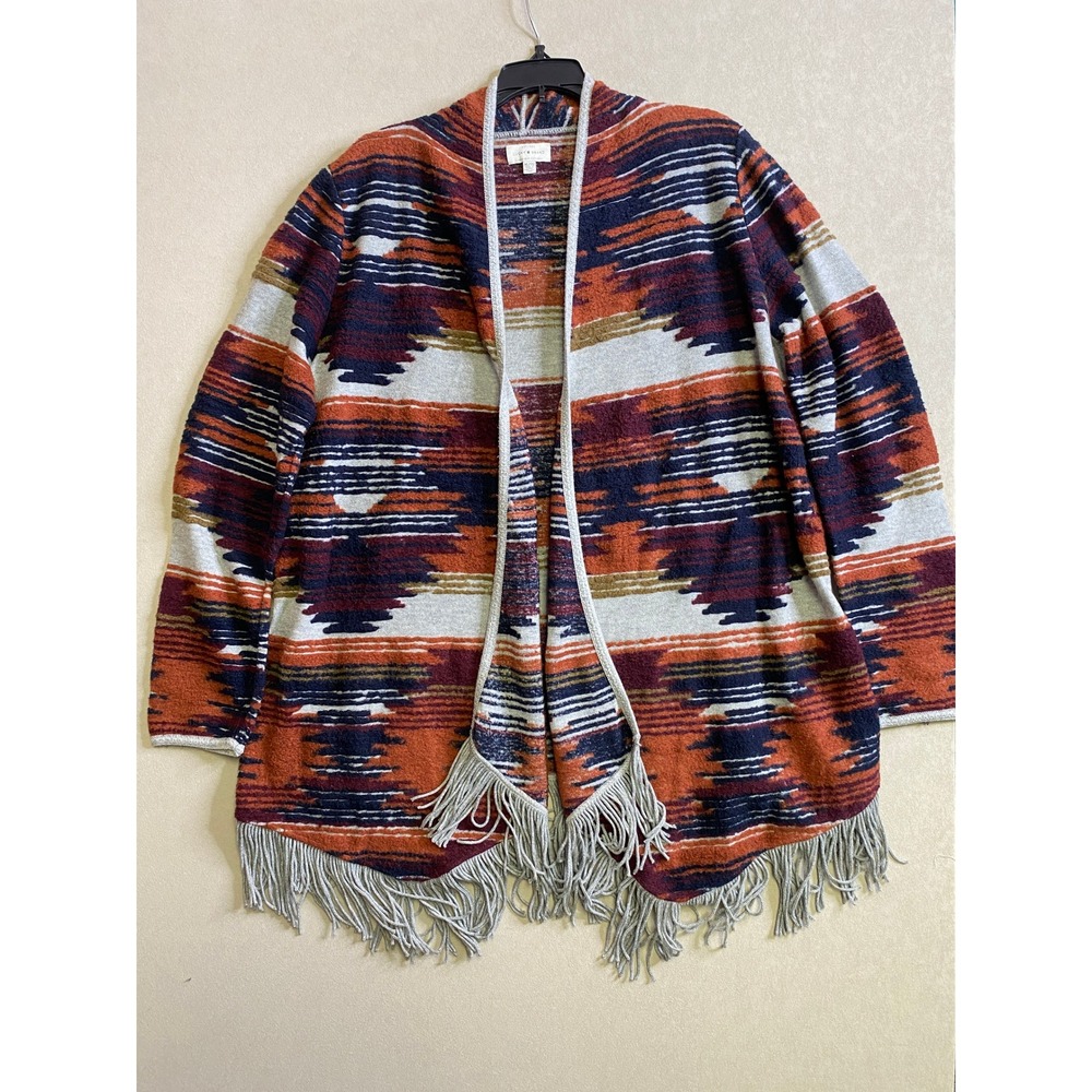 Lucky Brand Womens XL Southwestern Fringe Open Front Cardigan Orange Blue Boho